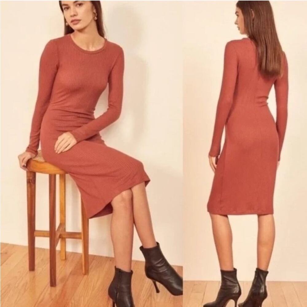 FINAL PRICE Reformation Wednesday Ribbed Long Sleeve Bodycon Dress in Rust